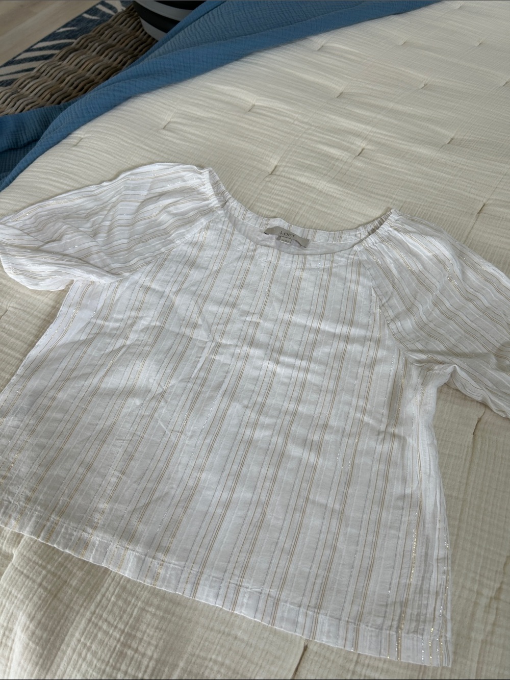LOFT White Blouse with Metallic Gold Stripes